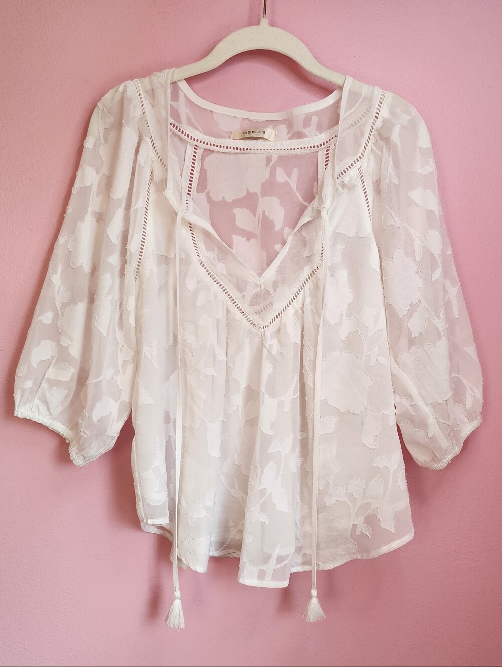 Sheer Ivory Floral Burnout 3/4 Puff Sleeve Peasant Top with Tassels Coastal Boho